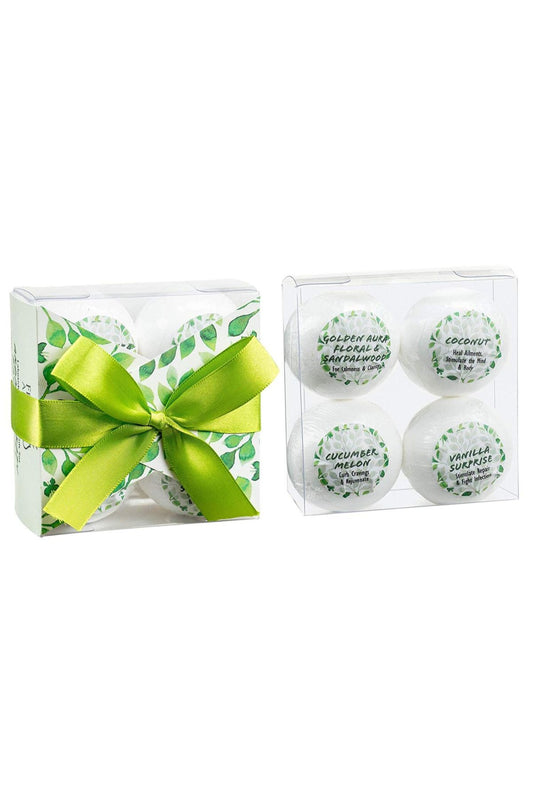 4 Bath Bombs with Essential Oils: Coconut, Cucumber Melon, Vanilla, Sandalwood.