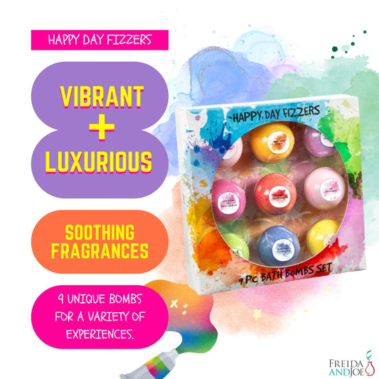 Freida and Joe Happy Day Fizzers Aromatherapy 9 Pcs Large Bath Bomb Gift Set for Women – Relaxing Aromatherapy Home Spa Gift Box
