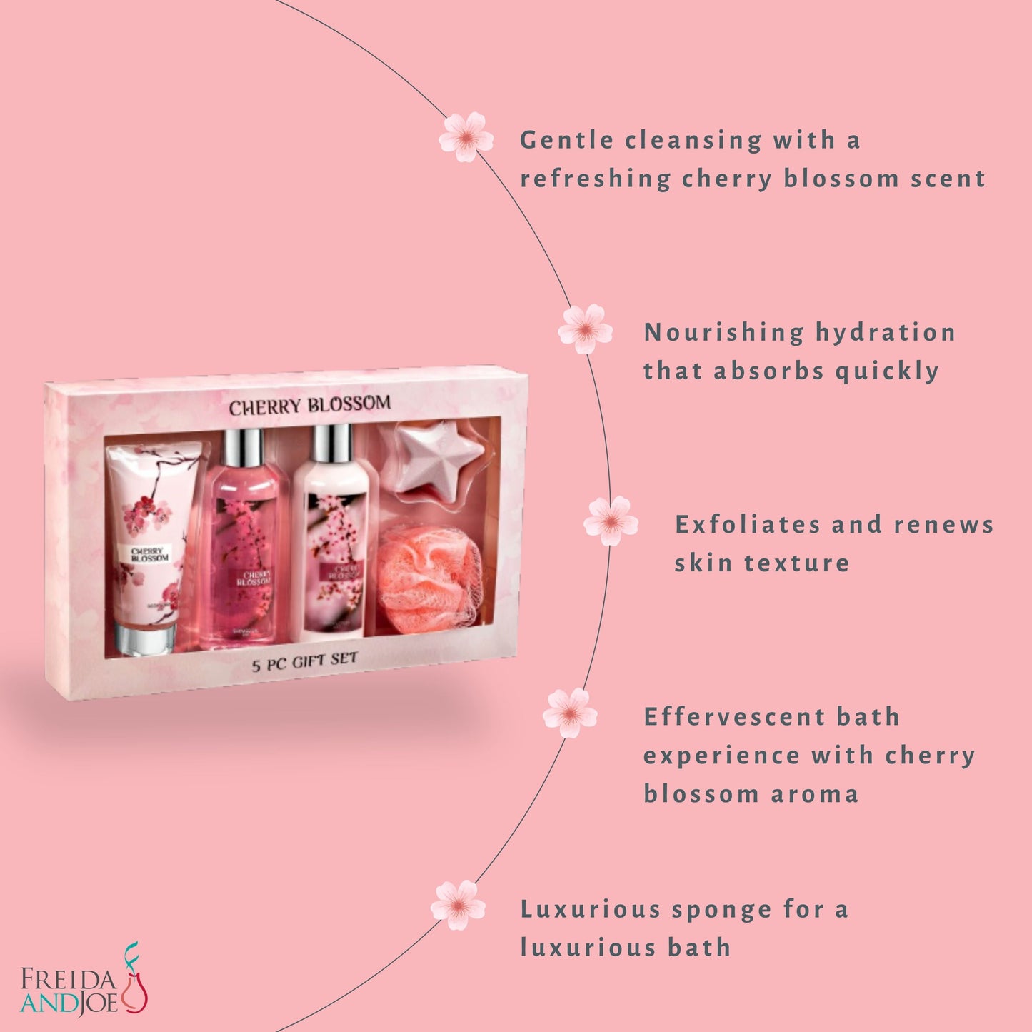 Freida & Joe Fragrance Bath & Body Collection Gift Box, Includes Shower Gel, Body Lotion, Body Scrub, Bath Bomb & Sponge (Japanese Cherry Blossom)