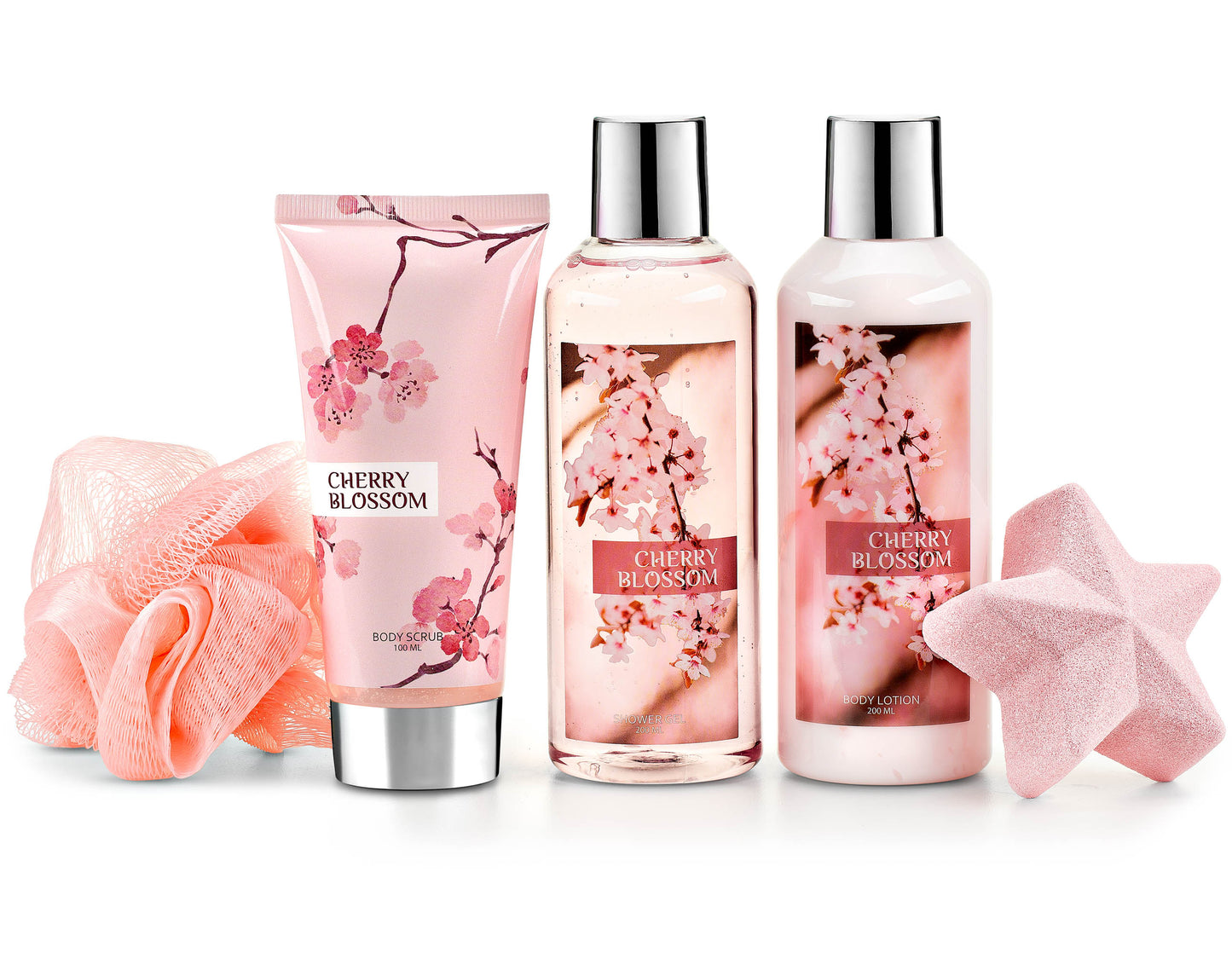 Freida & Joe Fragrance Bath & Body Collection Gift Box, Includes Shower Gel, Body Lotion, Body Scrub, Bath Bomb & Sponge (Japanese Cherry Blossom)