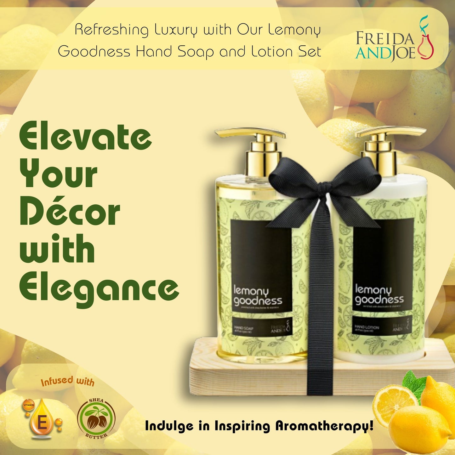 16 fl oz Lemon Citrus Aromatic and Nourishing Hand Soap and 16 fl oz Lotion Set - Keep Your Skin Incredibly Soft and Clean with Amazing Scent - Beautifully Presented in a Wooden Holder Unisex Formula