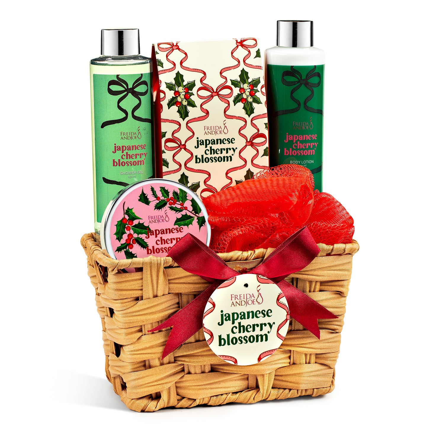 Japanese Cherry Blossom Spa Gift Basket, 6-Piece Bath & Body Set in a Wicker Basket – Perfect Holiday Gift
