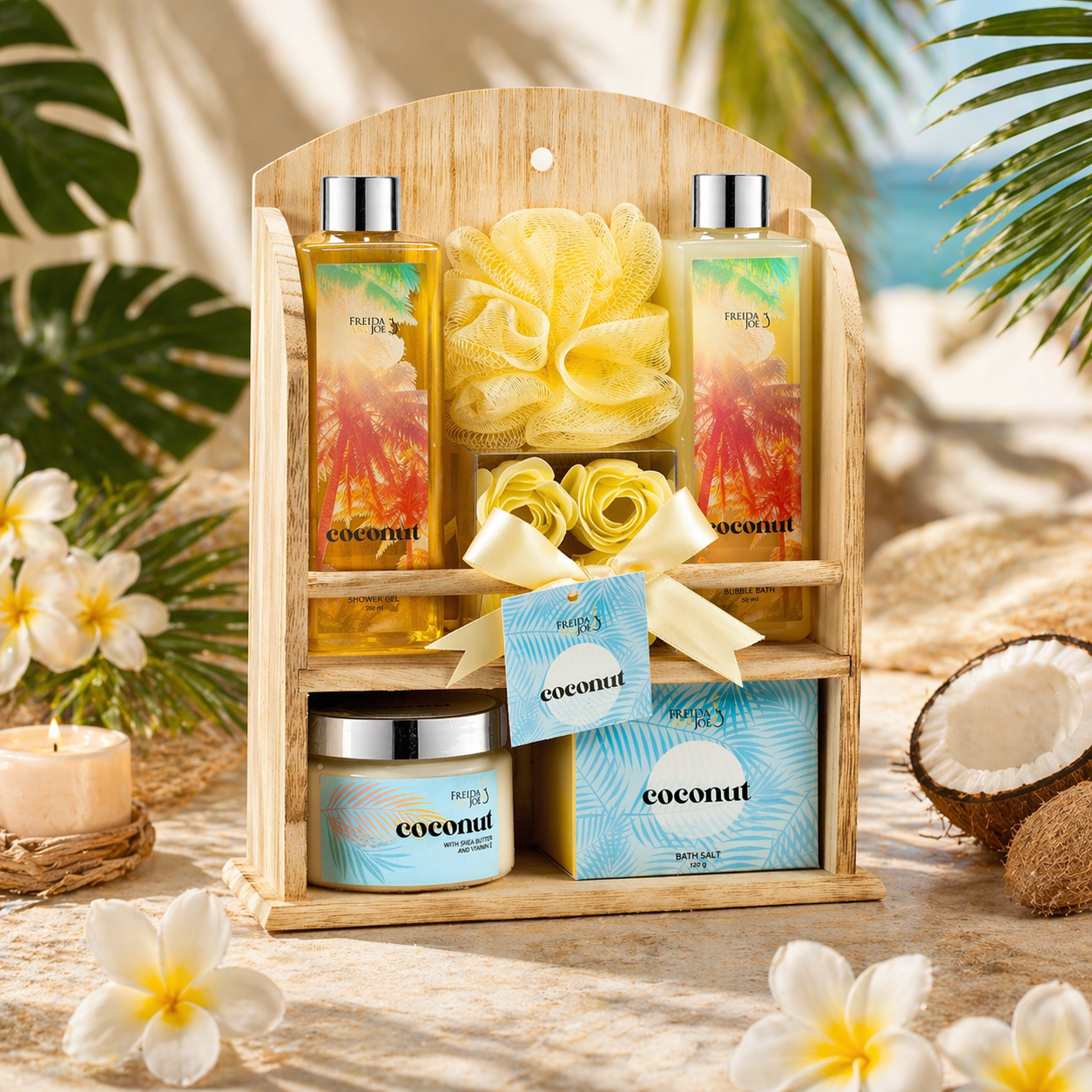 Coconut Spa Gift Basket for Women – Luxury Bath & Body Gift Set in Wooden Curio Shelf