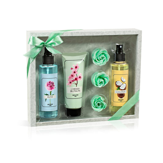 Floral Mist Trio Gift Set – Mother's Day Spa Gift Basket for Mom, Luxury Bath & Body Set, Peony, Coconut, Cherry Blossom Scented Self Care Kit