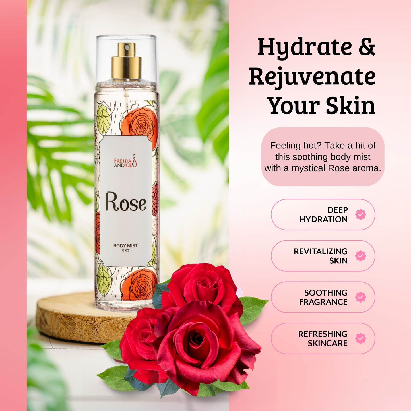 Rose Fragrance Body Mist in 8oz Spray Bottle