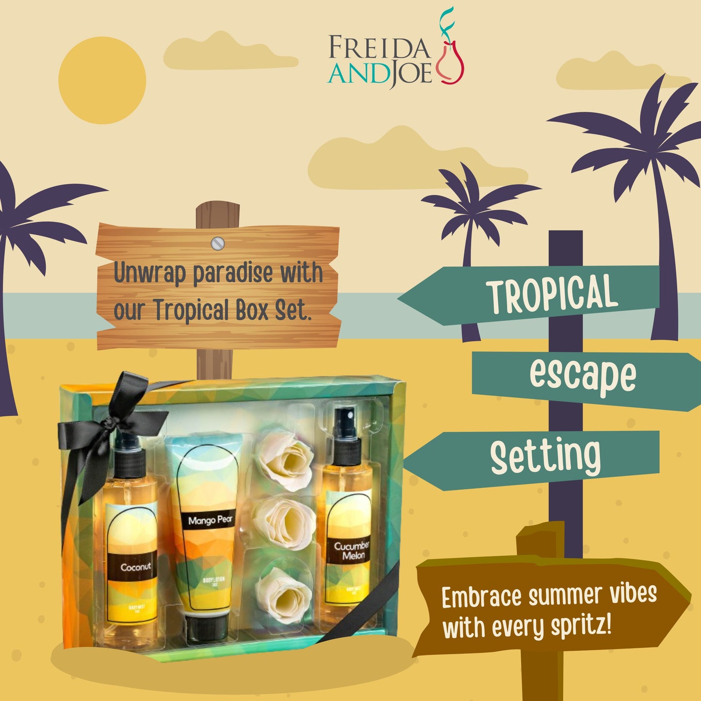 Fine Fragrance Body Mist & Body Splash Gift Set - Coconut, Cucumber, Mango Pear with Rose Soap