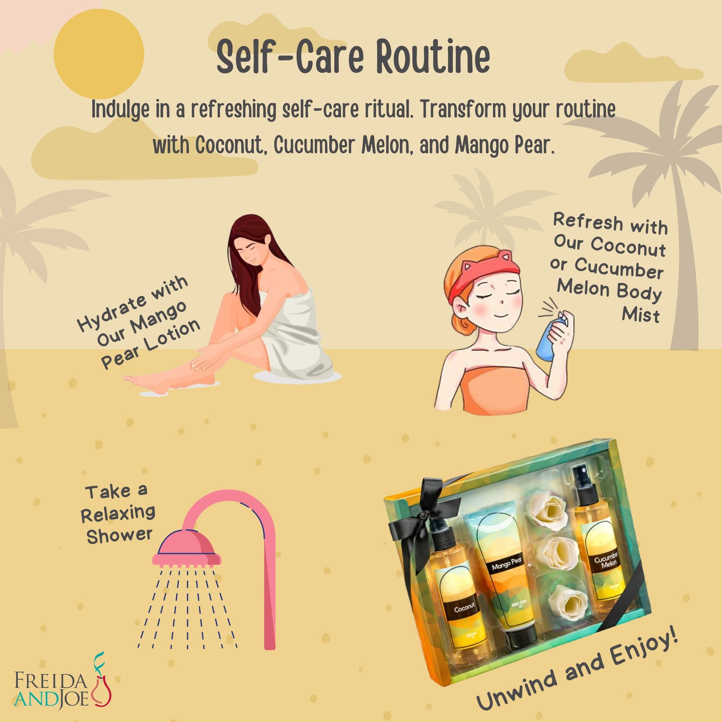 Fine Fragrance Body Mist & Body Splash Gift Set - Coconut, Cucumber, Mango Pear with Rose Soap