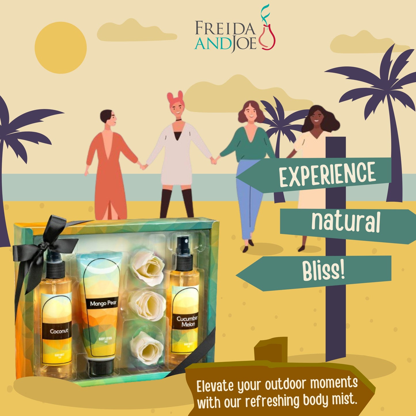 Fine Fragrance Body Mist & Body Splash Gift Set - Coconut, Cucumber, Mango Pear with Rose Soap