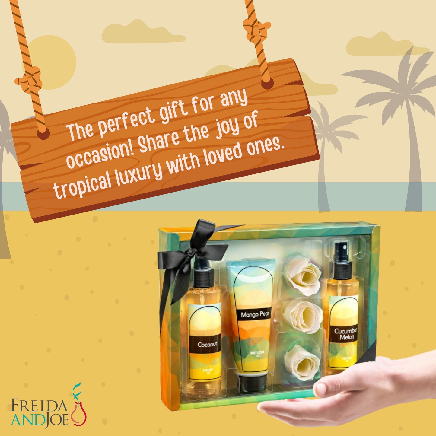 Fine Fragrance Body Mist & Body Splash Gift Set - Coconut, Cucumber, Mango Pear with Rose Soap