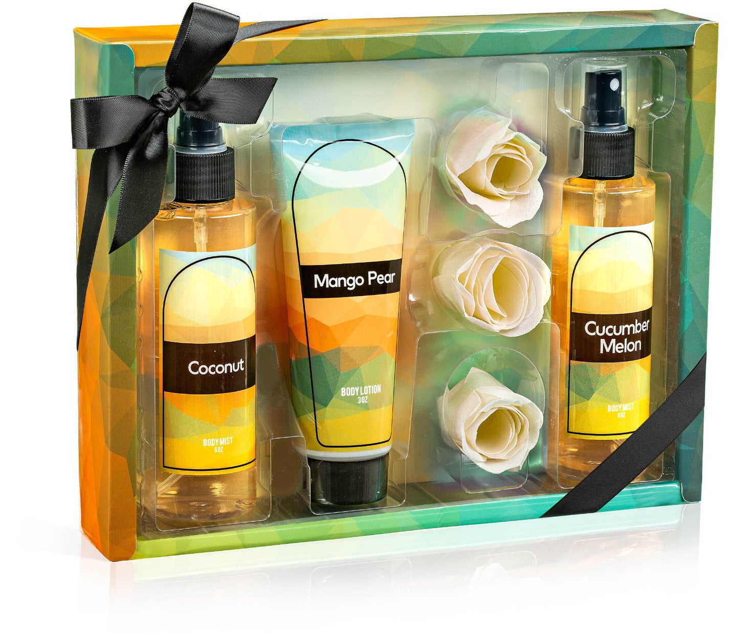Fine Fragrance Body Mist & Body Splash Gift Set - Coconut, Cucumber, Mango Pear with Rose Soap