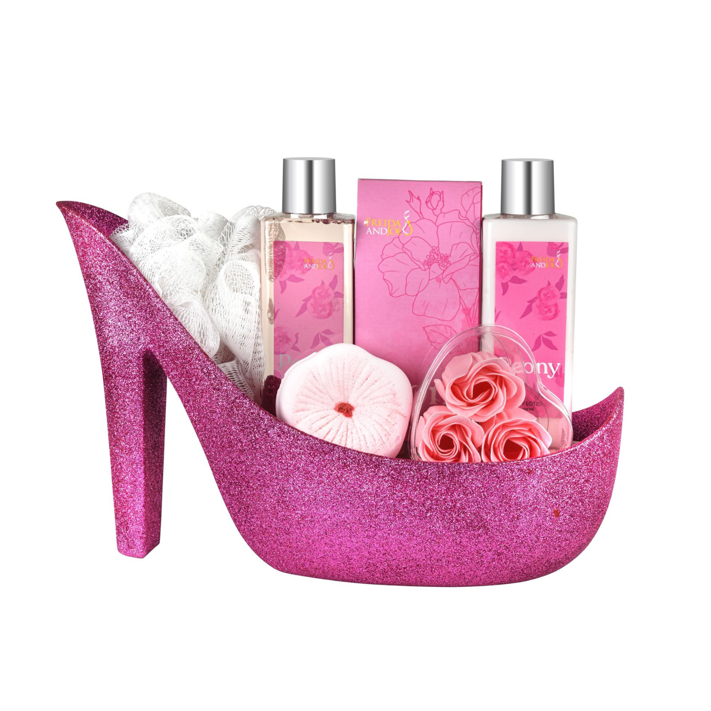 Elegant 9-piece Pink Peony Bath Set Pink High Heel Shoe Luxurious Spa Gift