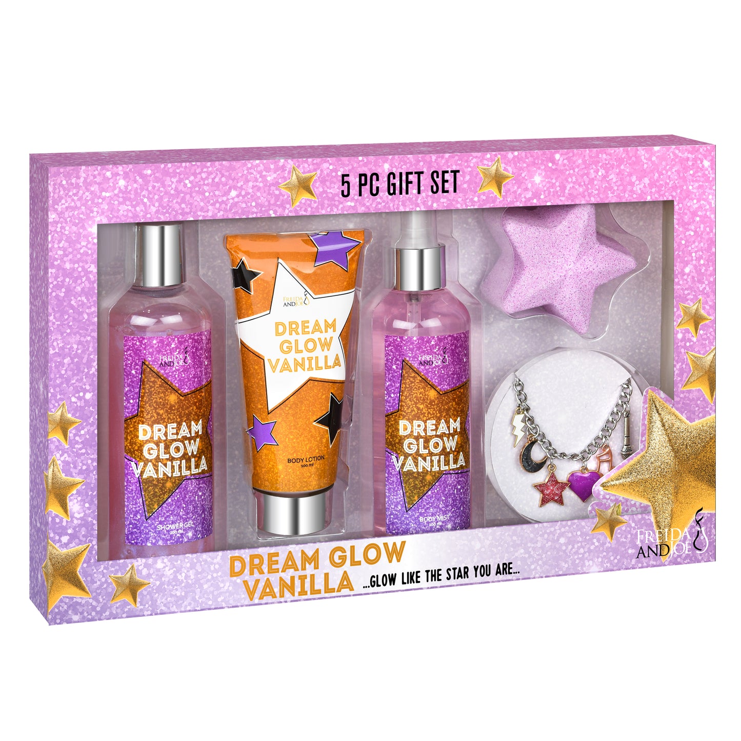 Dream Glow Vanilla Teen Spa Gift Set – Glow Like the Star You Are Bath & Body Collection with Body Mist, Shower Gel, Lotion, Star Bath Fizzer & Charm Bracelet