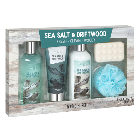 Freida & Joe Sea Salt & Driftwood Spa Gift Set for Men, 5 Piece Bath & Body Gift Set with Shower Gel, Body Lotion, Body Scrub, Massage Soap Bar & Bath Sponge, Fresh Coastal Woody Scent