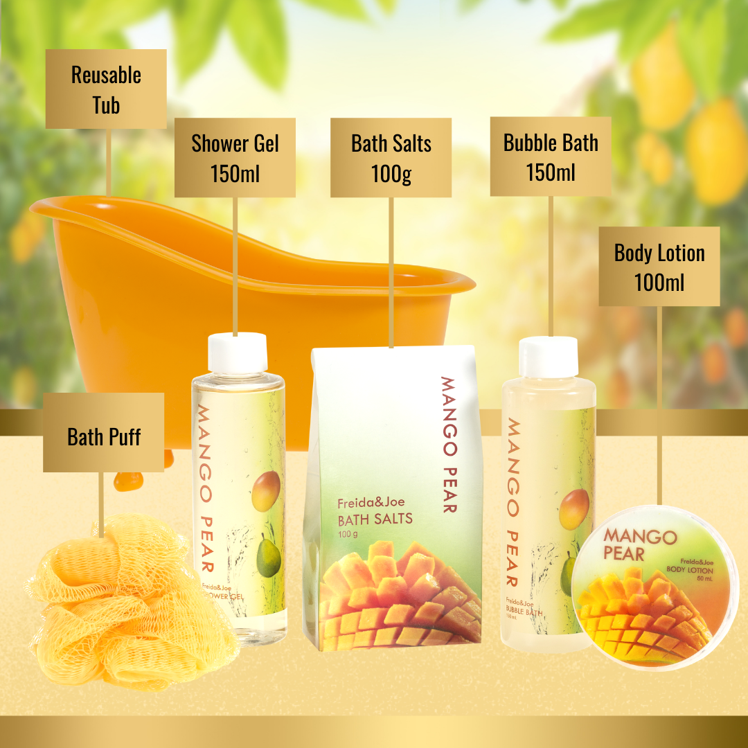 Mango Pears Tub Spa Bath Set: Shower Gel, Bubble Bath, Body Lotion, Bath Salt, & Puff