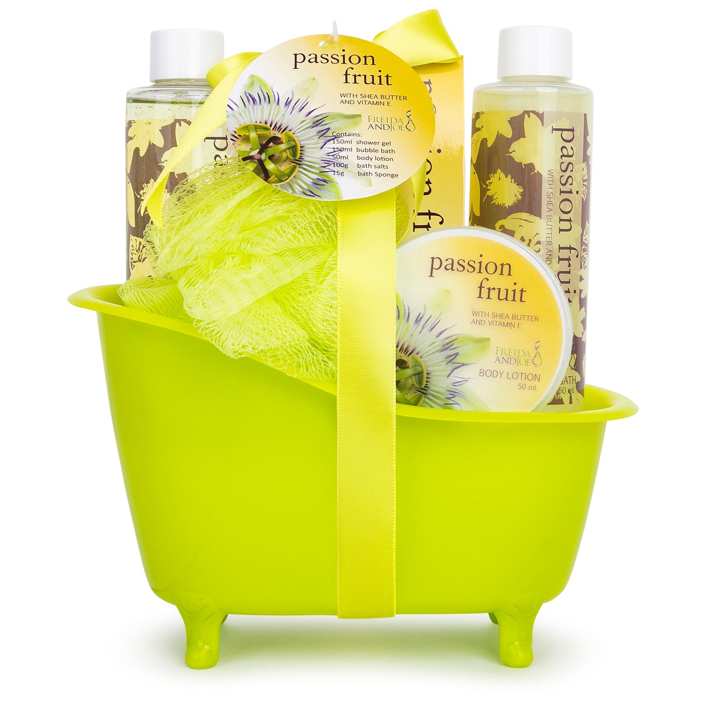 Passion Fruit Tub Bath Spa Set: Shower Gel, Bubble Bath, Body Lotion, Bath Salt, & Puff