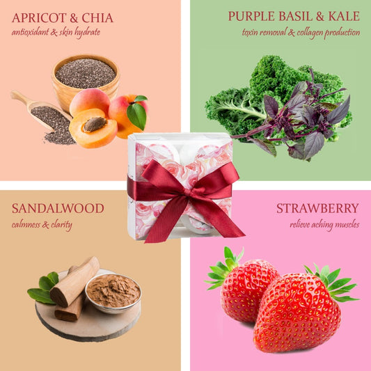 4 Bath Bombs - Strawberry, Sandalwood, Apricot Yogurt, Purple Basil & Kale splash