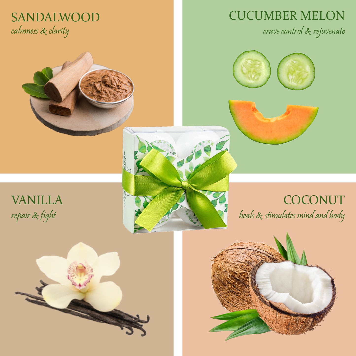 4 Bath Bombs with Essential Oils: Coconut, Cucumber Melon, Vanilla, Sandalwood.