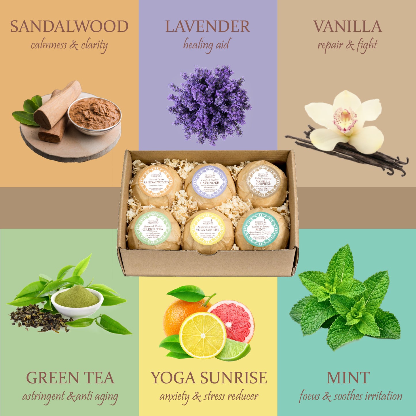 6 Different Calming Scents Bath Bombs: Vanilla, Mint, Lavender, Yoga Sunrise, Sandalwood, & Green Tea
