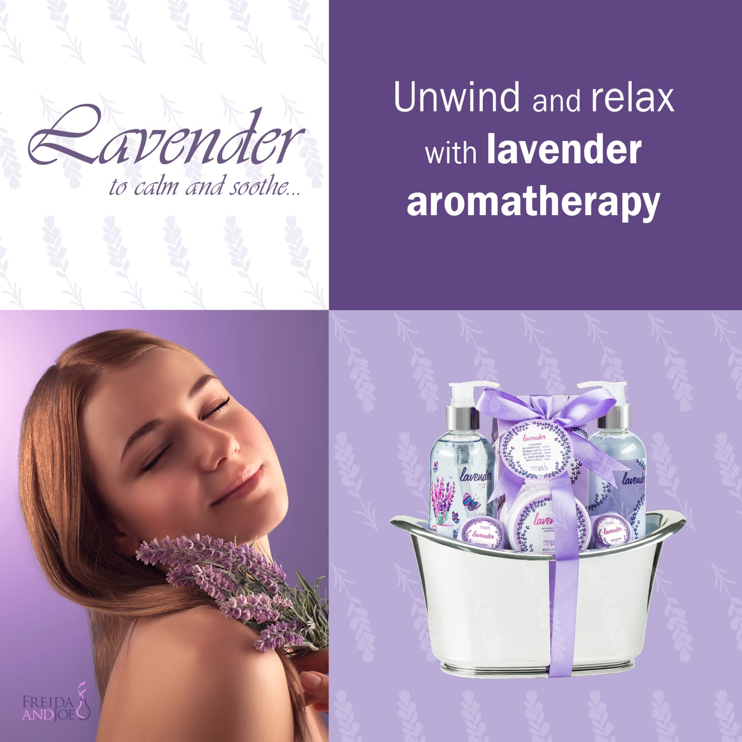 Lavender Bath Spa Set: Shower Gel, Bubble Bath, Body Lotion, Bath Bomb, Bath Salts