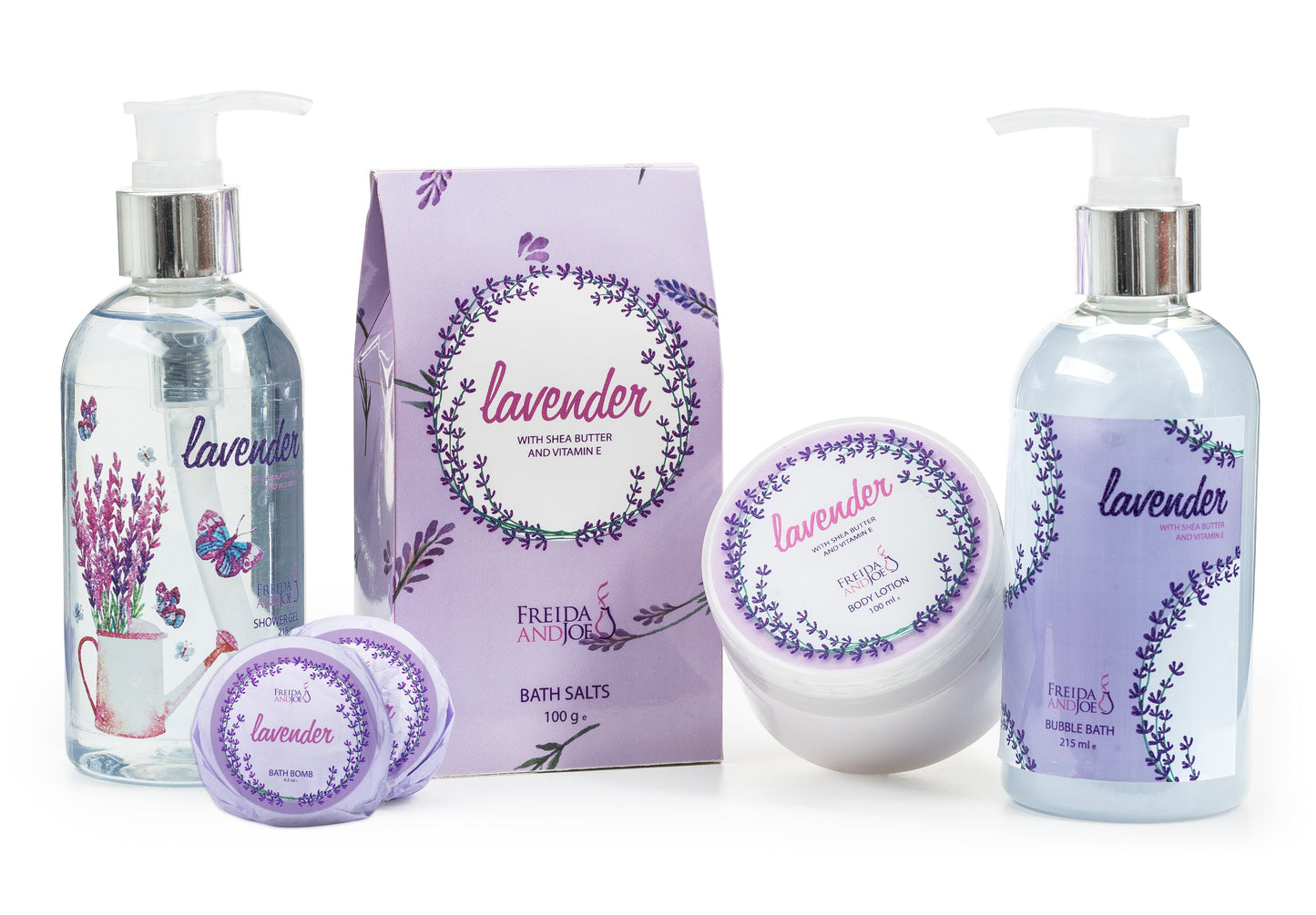 Lavender Bath Spa Set: Shower Gel, Bubble Bath, Body Lotion, Bath Bomb, Bath Salts