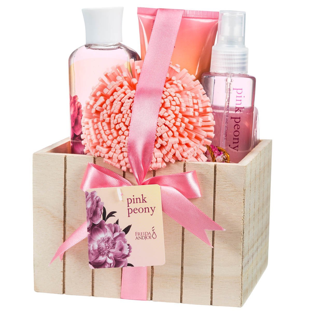 Pink Peony Fragrance Bath & Body Spa Gift in Natural Wood Plant Box by Freida and Joe – Joe
