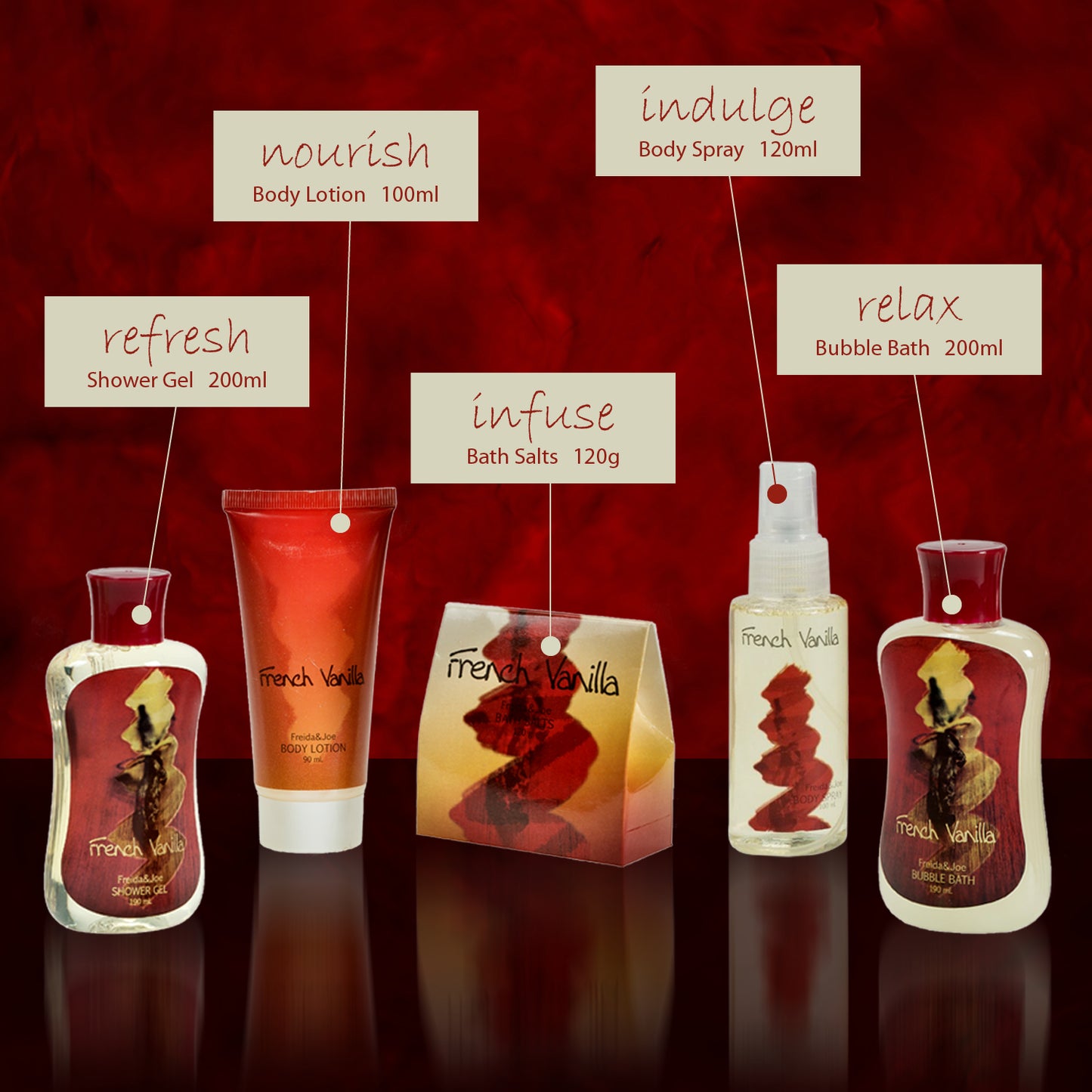 French Vanilla Spa Bath Gift Set in Natural Wood Curio With Refreshing Skin Care Products