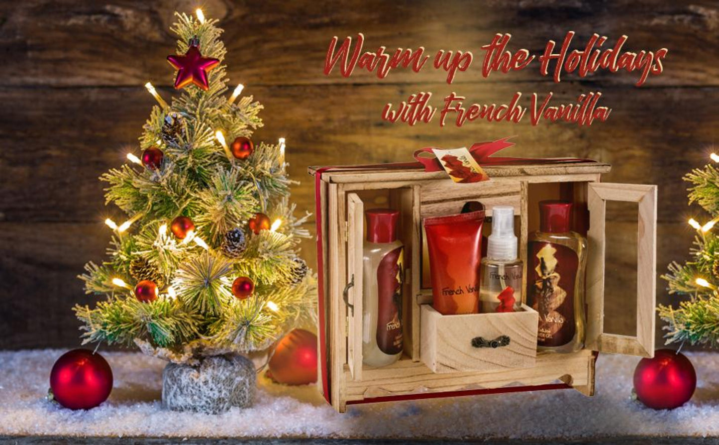 French Vanilla Spa Bath Gift Set in Natural Wood Curio With Refreshing Skin Care Products
