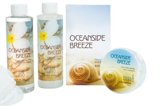 Oceanside Breeze Tub Bath Spa Set: Shower Gel, Bubble Bath, Body Lotion, Bath Salt, & Puff