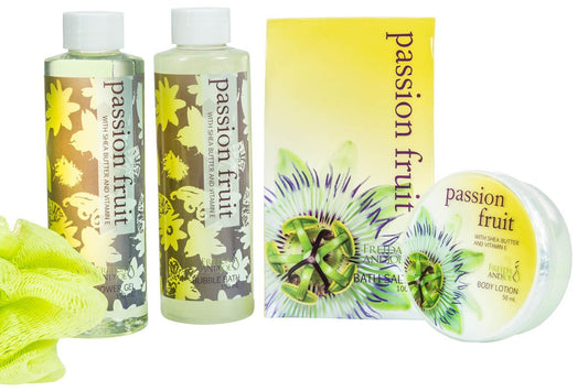 Passion Fruit Tub Bath Spa Set: Shower Gel, Bubble Bath, Body Lotion, Bath Salt, & Puff