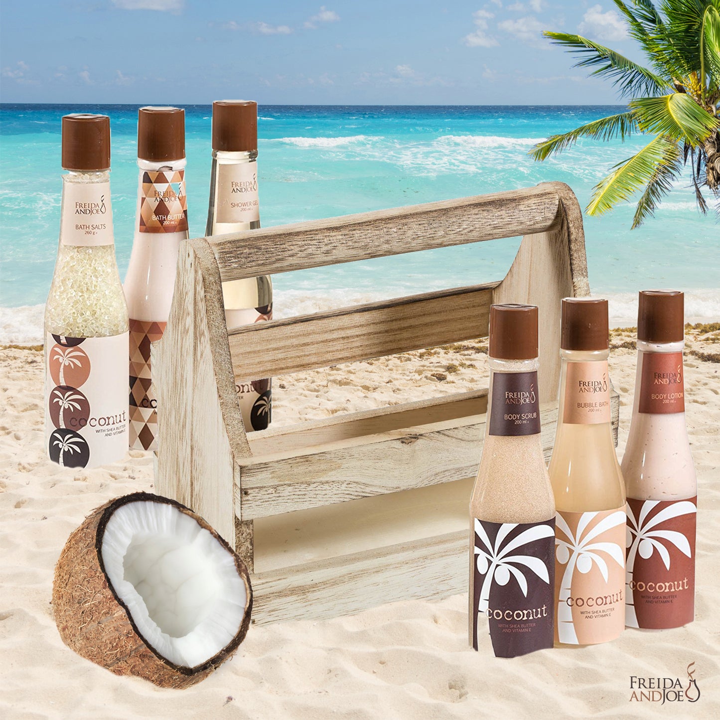 Tropical Coconut Bath & Body Gift Set in a Wooden Caddie