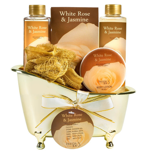 White Rose Jasmine Gold Tub Spa Basket: Shower Gel, Bubble Bath, Body Lotion, Bath Salts