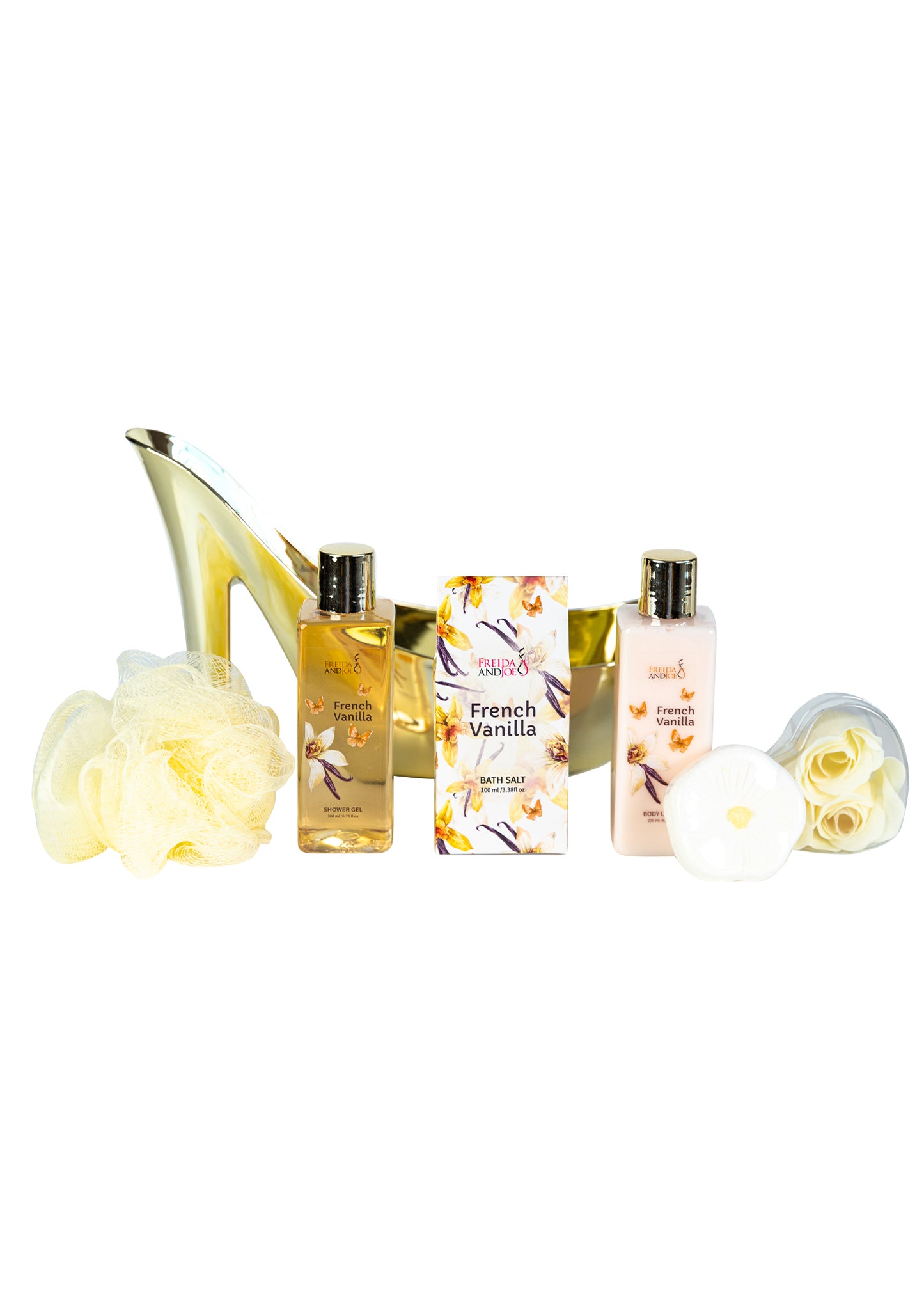 Elegant French Vanilla Bath Set Gold High Heel Shoe Luxurious Spa Gift Perfect for Gifting, Pampering, & Home Decor