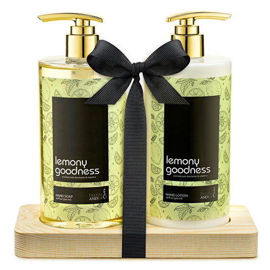 16 fl oz Lemon Citrus Aromatic and Nourishing Hand Soap and 16 fl oz Lotion Set - Keep Your Skin Incredibly Soft and Clean with Amazing Scent - Beautifully Presented in a Wooden Holder Unisex Formula