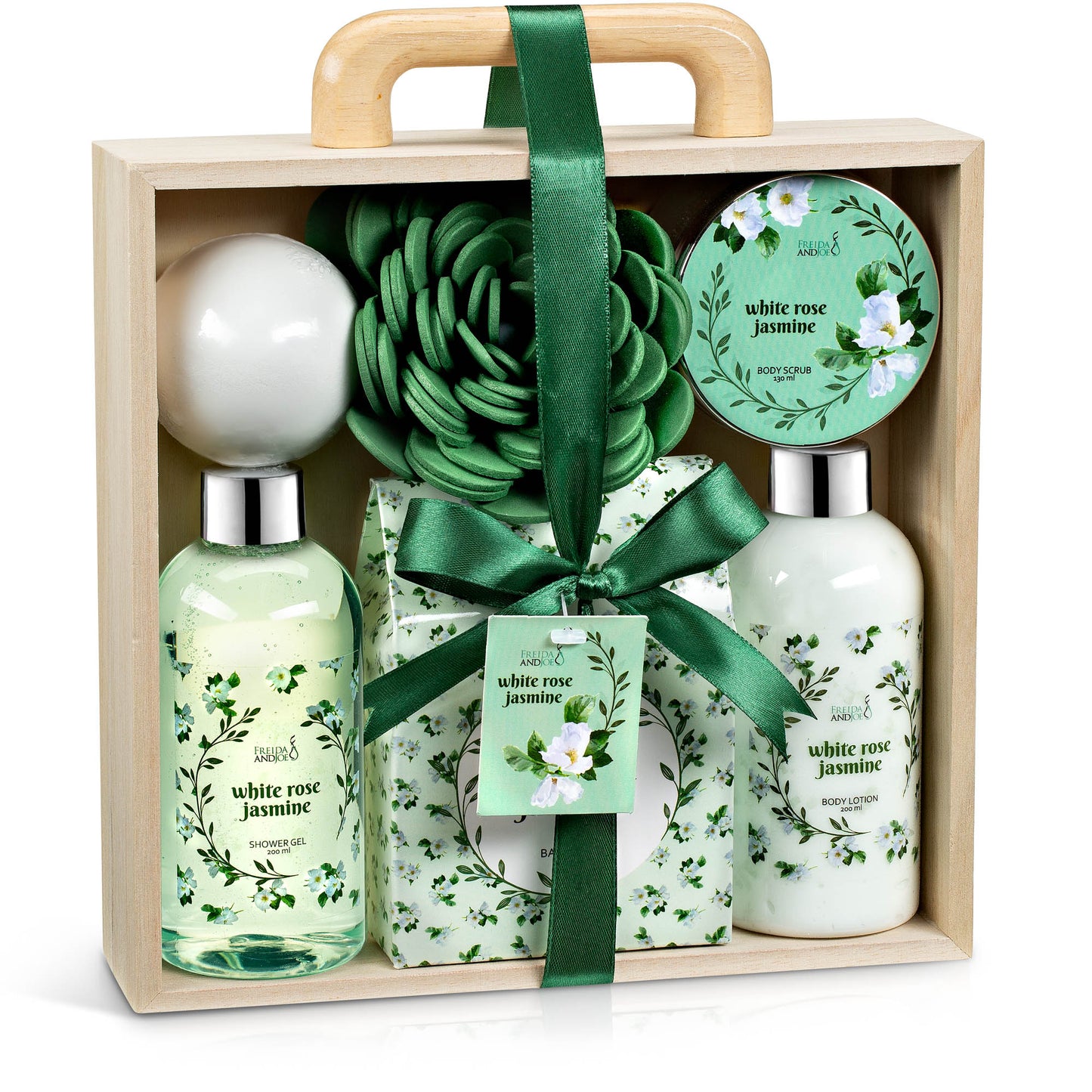 White Rose Jasmine 7-pc Bath & Body Essential Aromatherapy Set for Women in Natural Wood Curio