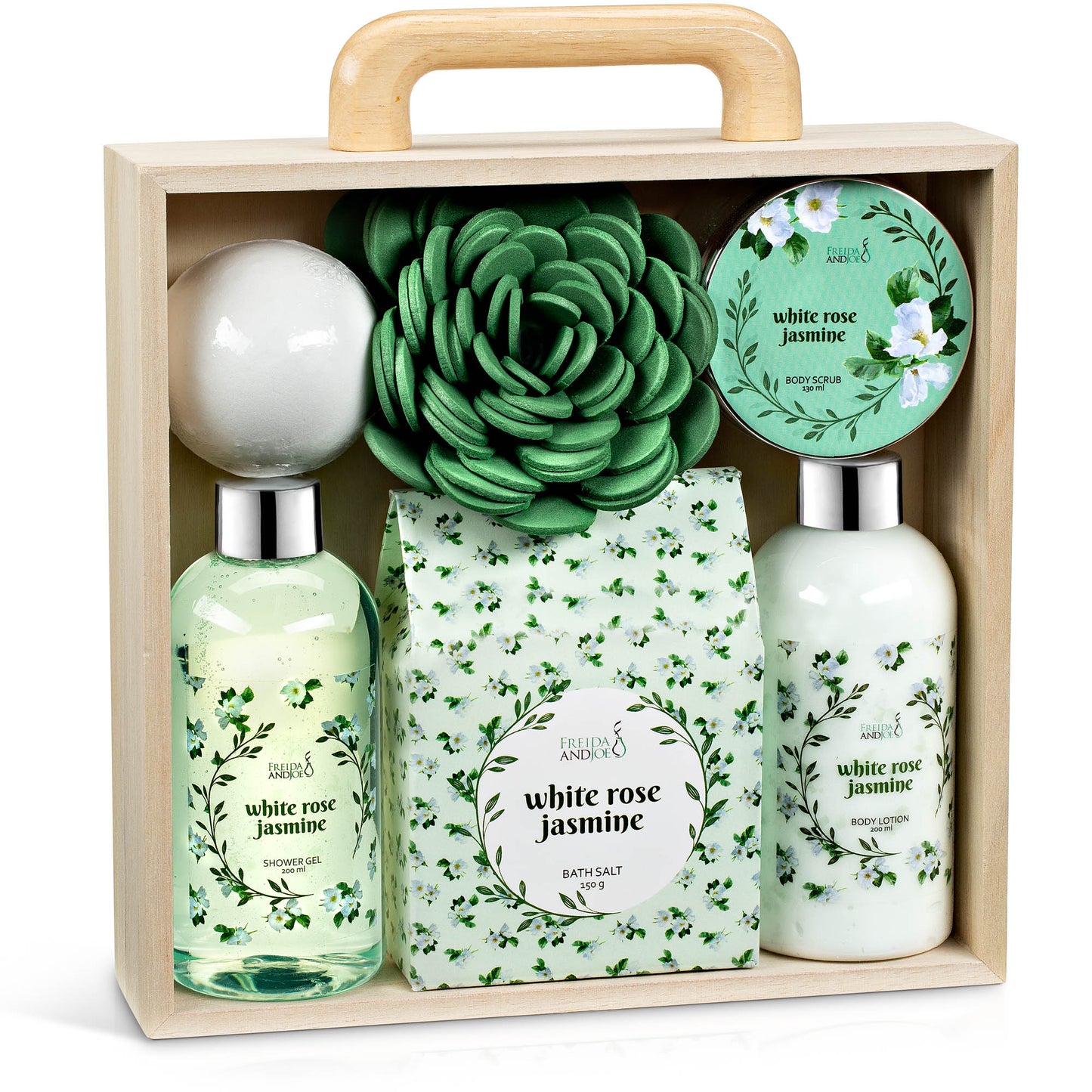 White Rose Jasmine 7-pc Bath & Body Essential Aromatherapy Set for Women in Natural Wood Curio