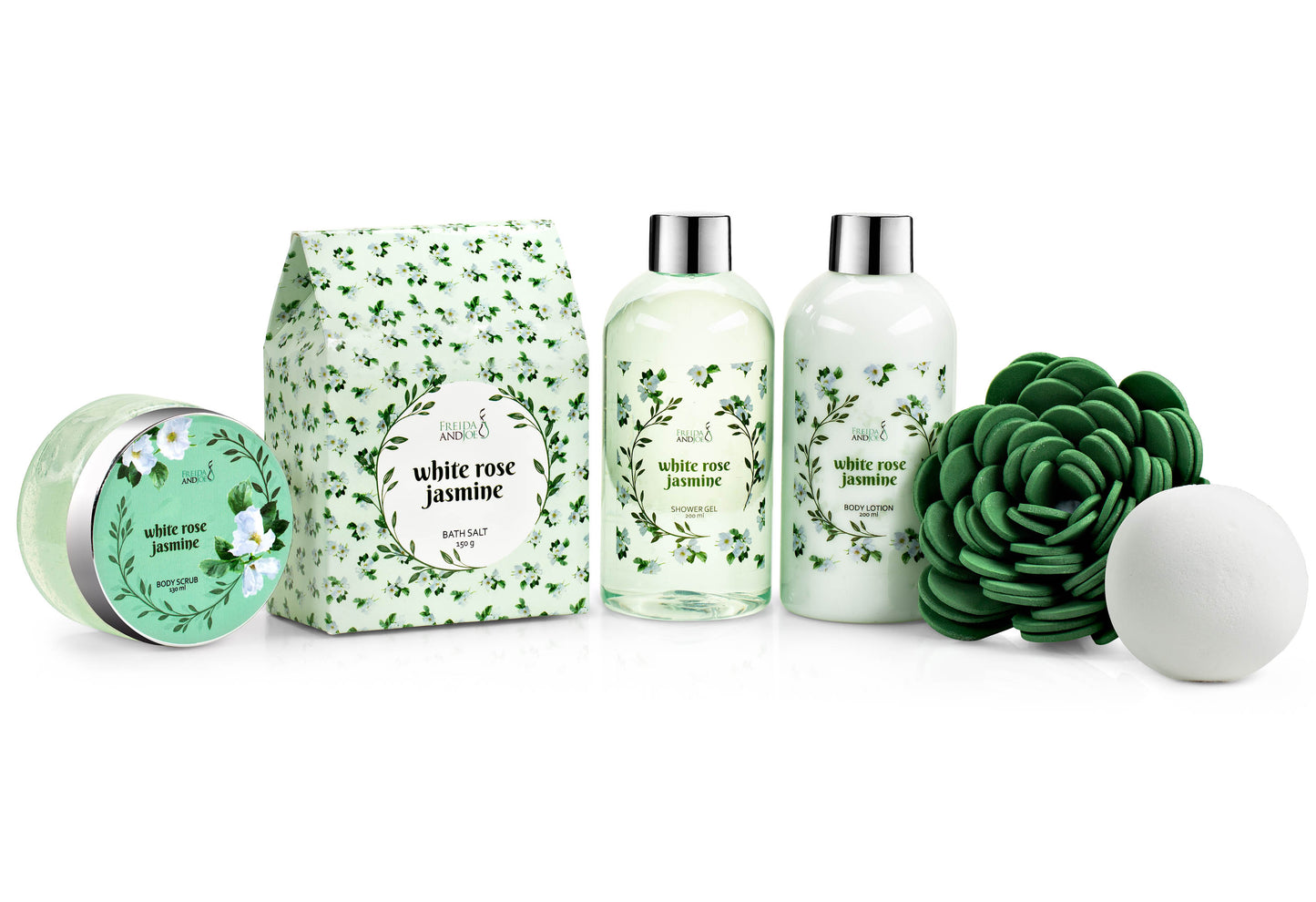 White Rose Jasmine 7-pc Bath & Body Essential Aromatherapy Set for Women in Natural Wood Curio