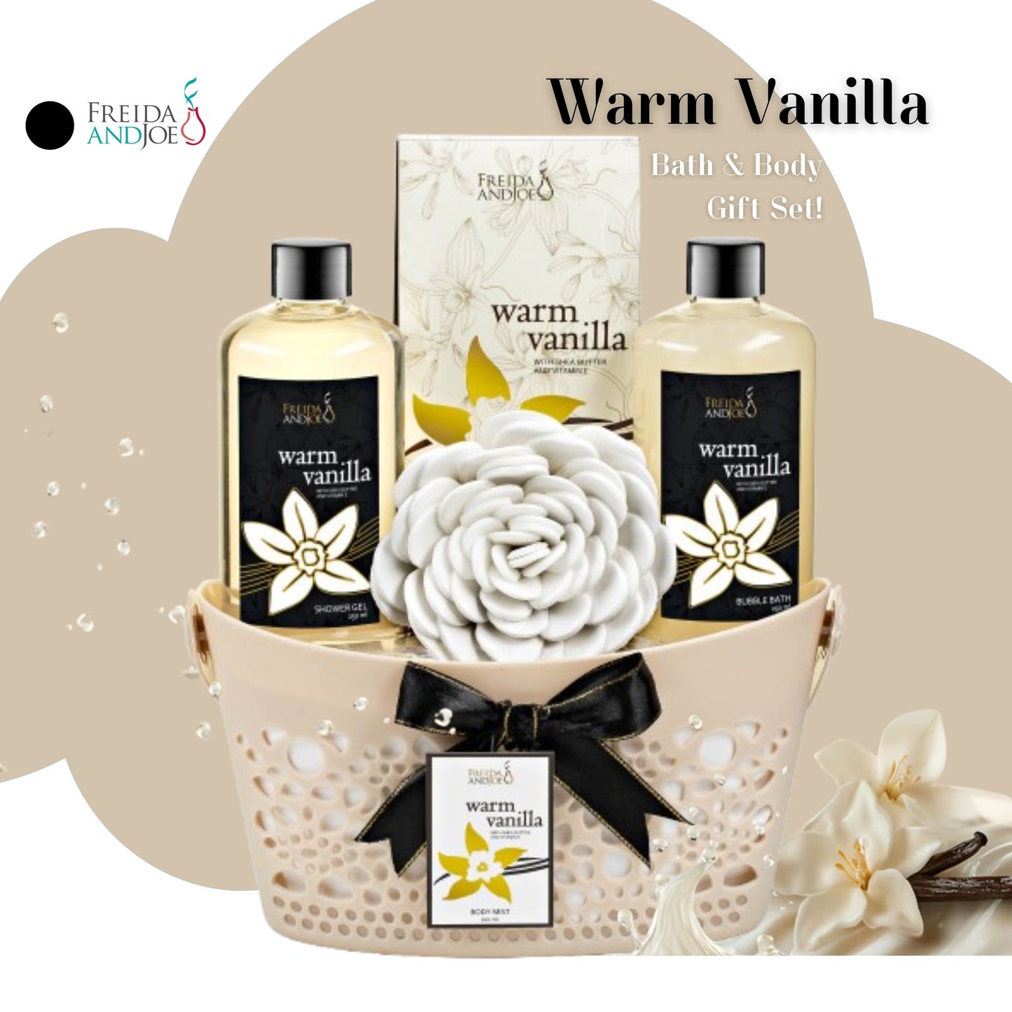 Warm Vanilla Bath & Body Gift Set for Men and Women – 5-Piece Spa Kit with Shea Butter, Vitamin E, and Reusable Beautiful Basket – Perfect Unisex Gift for Relaxation