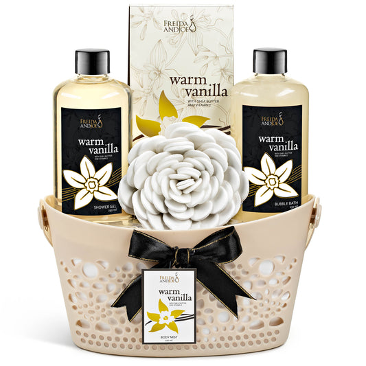 Warm Vanilla Bath & Body Gift Set for Men and Women – 5-Piece Spa Kit with Shea Butter, Vitamin E, and Reusable Beautiful Basket – Perfect Unisex Gift for Relaxation