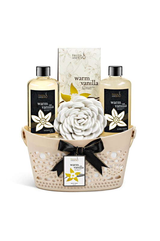 Warm Vanilla Bath & Body Gift Set for Men and Women – 5-Piece Spa Kit with Shea Butter, Vitamin E, and Reusable Beautiful Basket – Perfect Unisex Gift for Relaxation