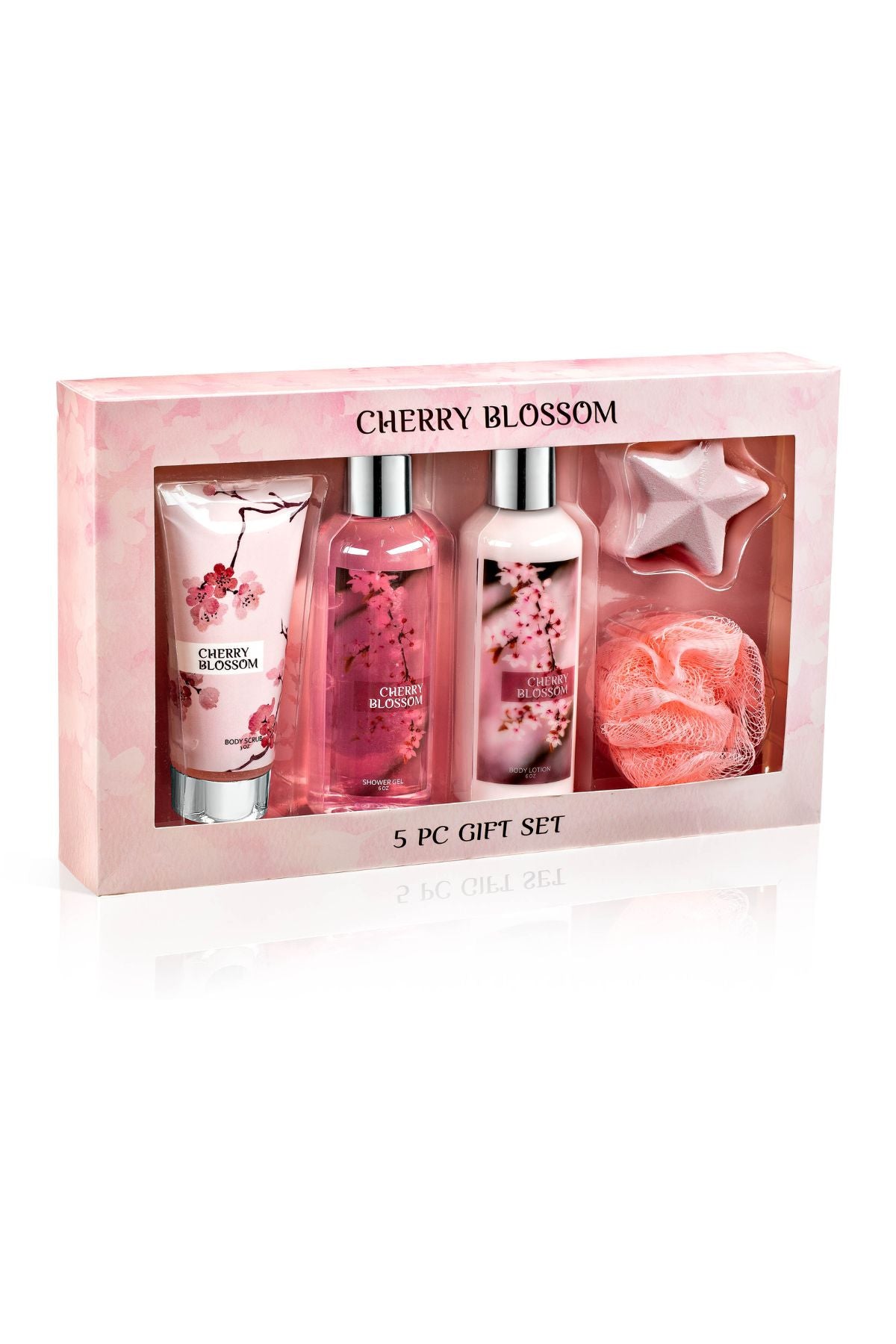 Freida & Joe Fragrance Bath & Body Collection Gift Box, Includes Shower Gel, Body Lotion, Body Scrub, Bath Bomb & Sponge (Japanese Cherry Blossom)