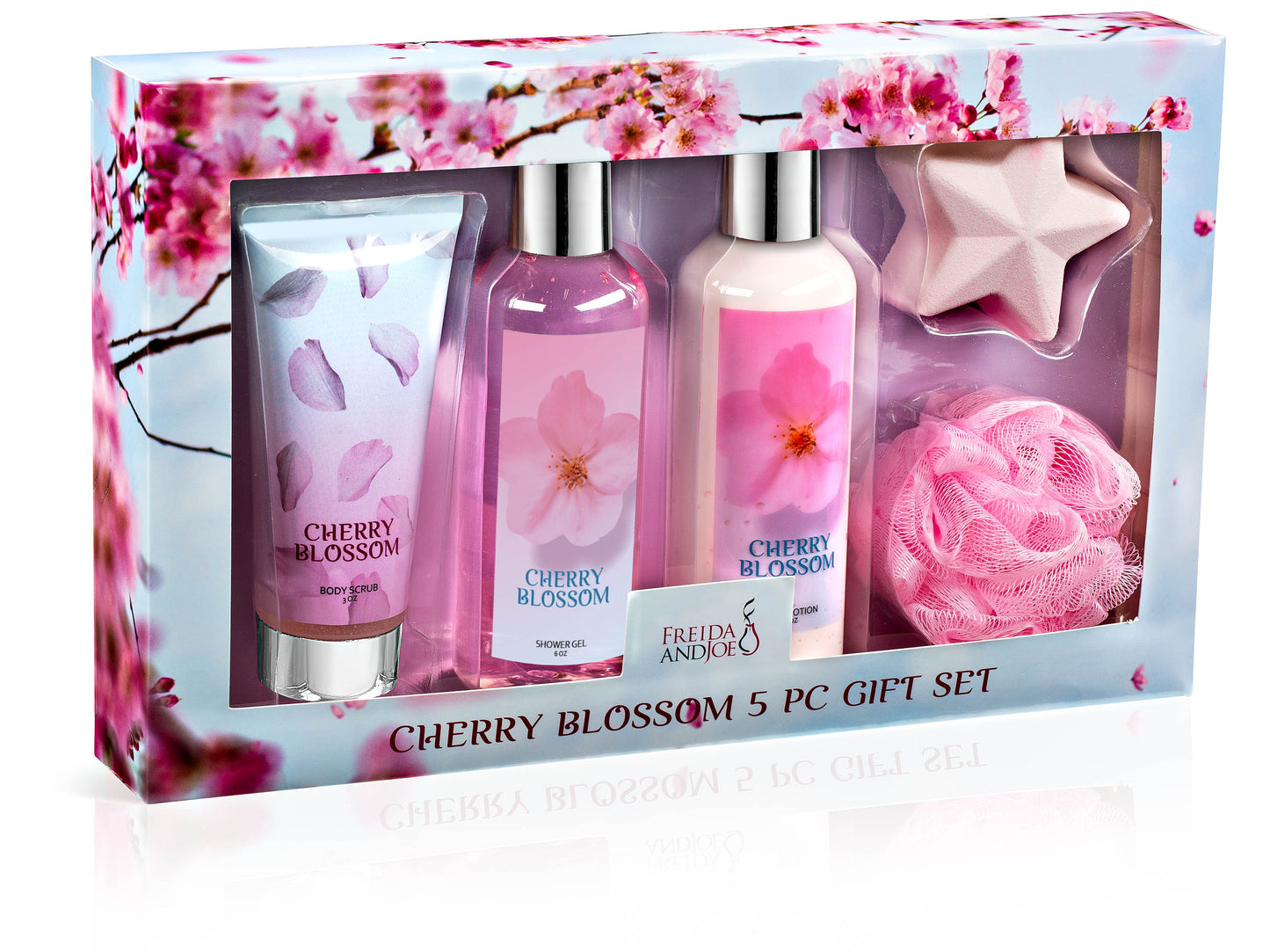 Freida & Joe Fragrance Bath & Body Collection Gift Box, Includes Shower Gel, Body Lotion, Body Scrub, Bath Bomb & Sponge (Blue Cherry Blossom)