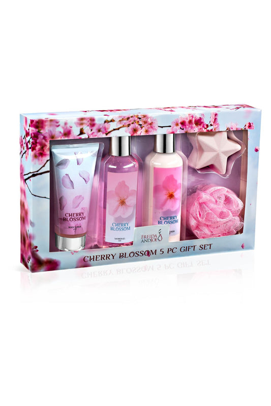 Freida & Joe Fragrance Bath & Body Collection Gift Box, Includes Shower Gel, Body Lotion, Body Scrub, Bath Bomb & Sponge (Blue Cherry Blossom)