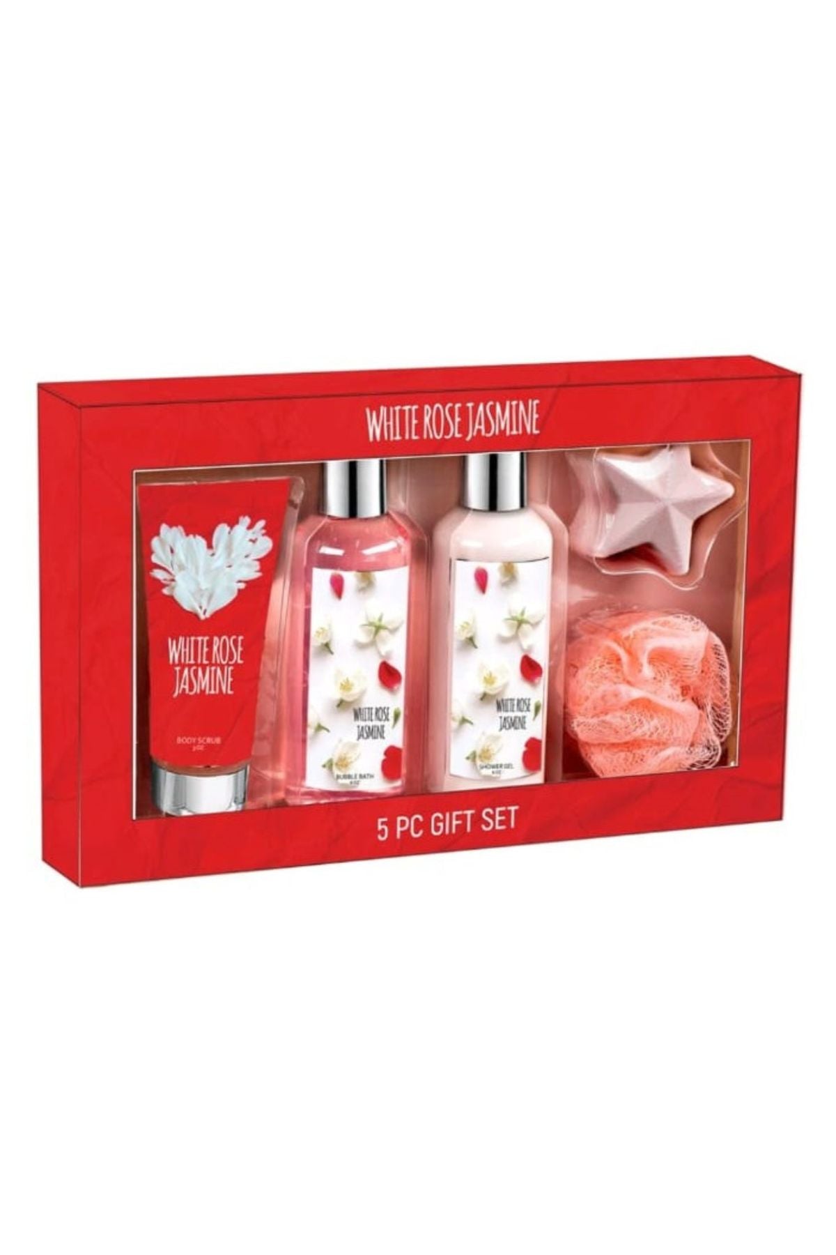 White Rose Jasmine Fragrance Bath & Body Collection Gift Box, Includes Shower Gel, Body Lotion, Body Scrub, Bath Bomb & Sponge