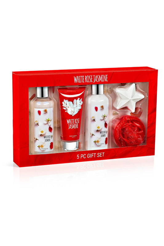 White Rose Jasmine Fragrance Bath & Body Collection Gift Box, Includes Shower Gel, Body Lotion, Body Scrub, Bath Bomb & Sponge