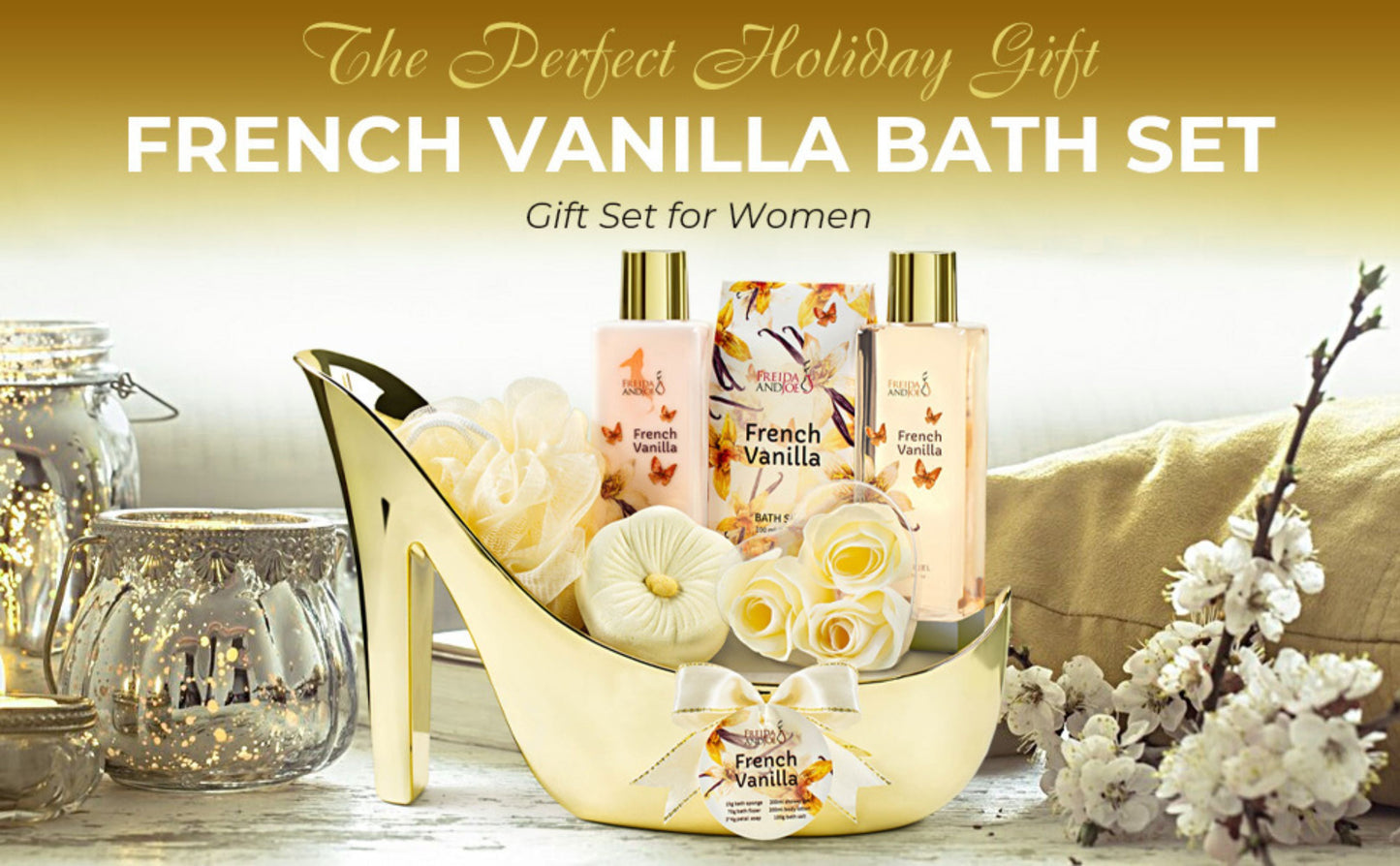 Elegant French Vanilla Bath Set Gold High Heel Shoe Luxurious Spa Gift Perfect for Gifting, Pampering, & Home Decor