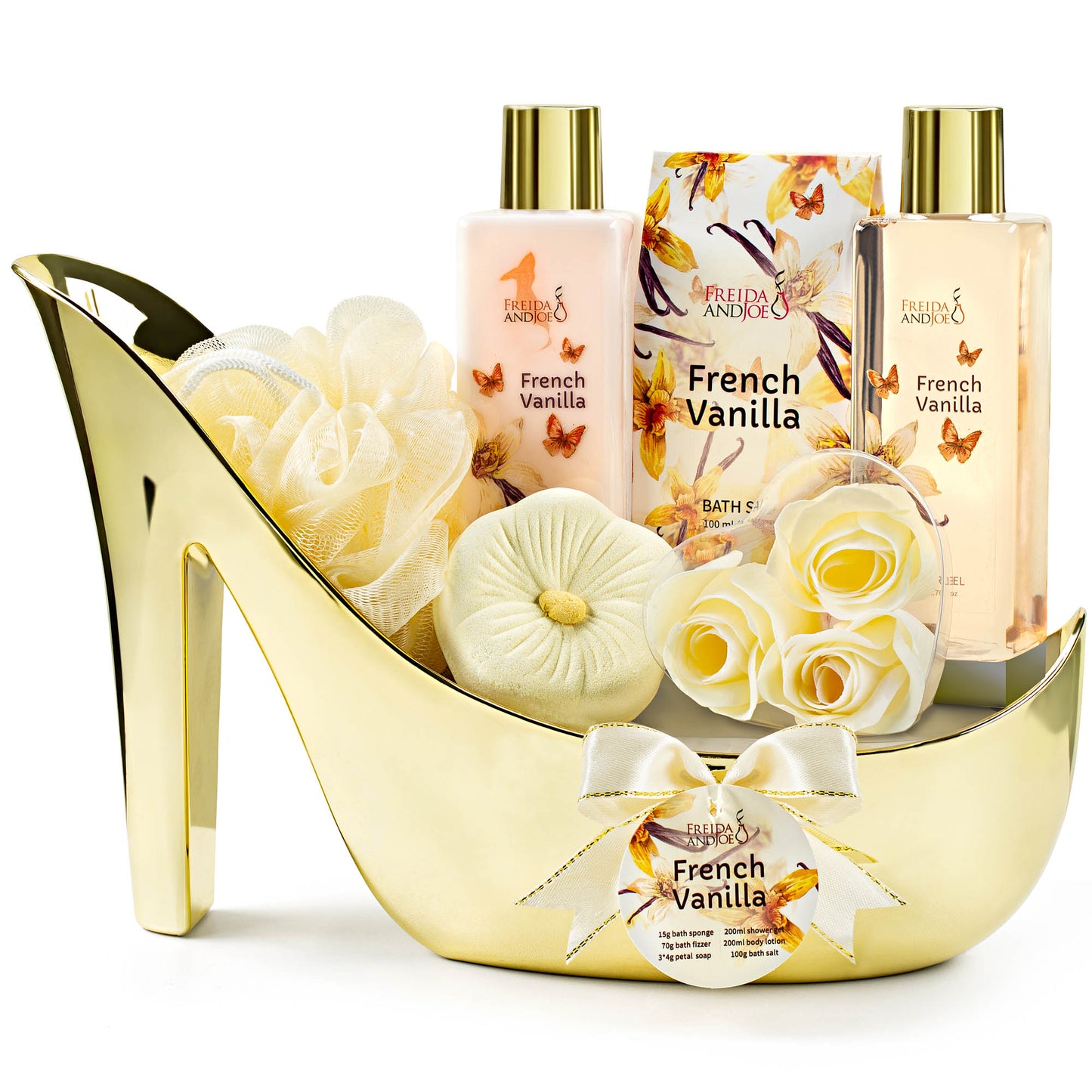 Elegant French Vanilla Bath Set Gold High Heel Shoe Luxurious Spa Gift Perfect for Gifting, Pampering, & Home Decor