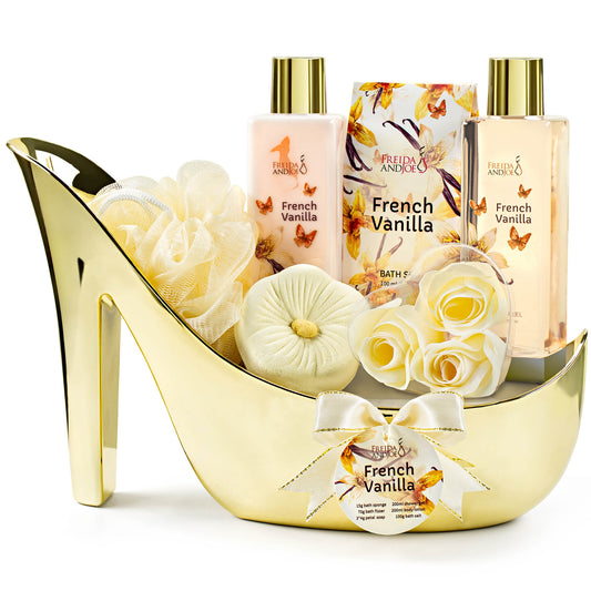 Elegant French Vanilla Bath Set Gold High Heel Shoe Luxurious Spa Gift Perfect for Gifting, Pampering, & Home Decor