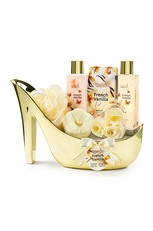 Elegant French Vanilla Bath Set Gold High Heel Shoe Luxurious Spa Gift Perfect for Gifting, Pampering, & Home Decor