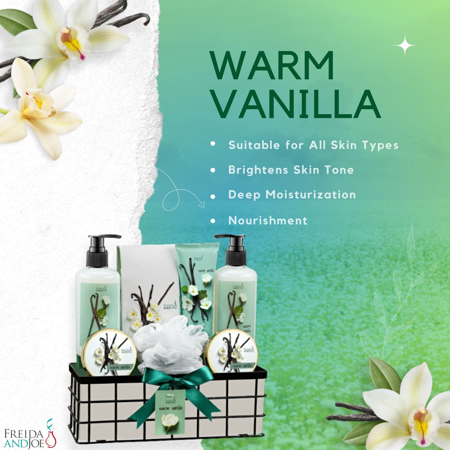 Warm Vanilla Bath and Body Gift Basket for Women & Men 8-Piece Spa Luxurious Bath Set Shea Butter, Vitamin E Fragrant Ultra Soft Lotion Hand Cream Scrubs & More Reusable Basket Perfect Holiday Gift