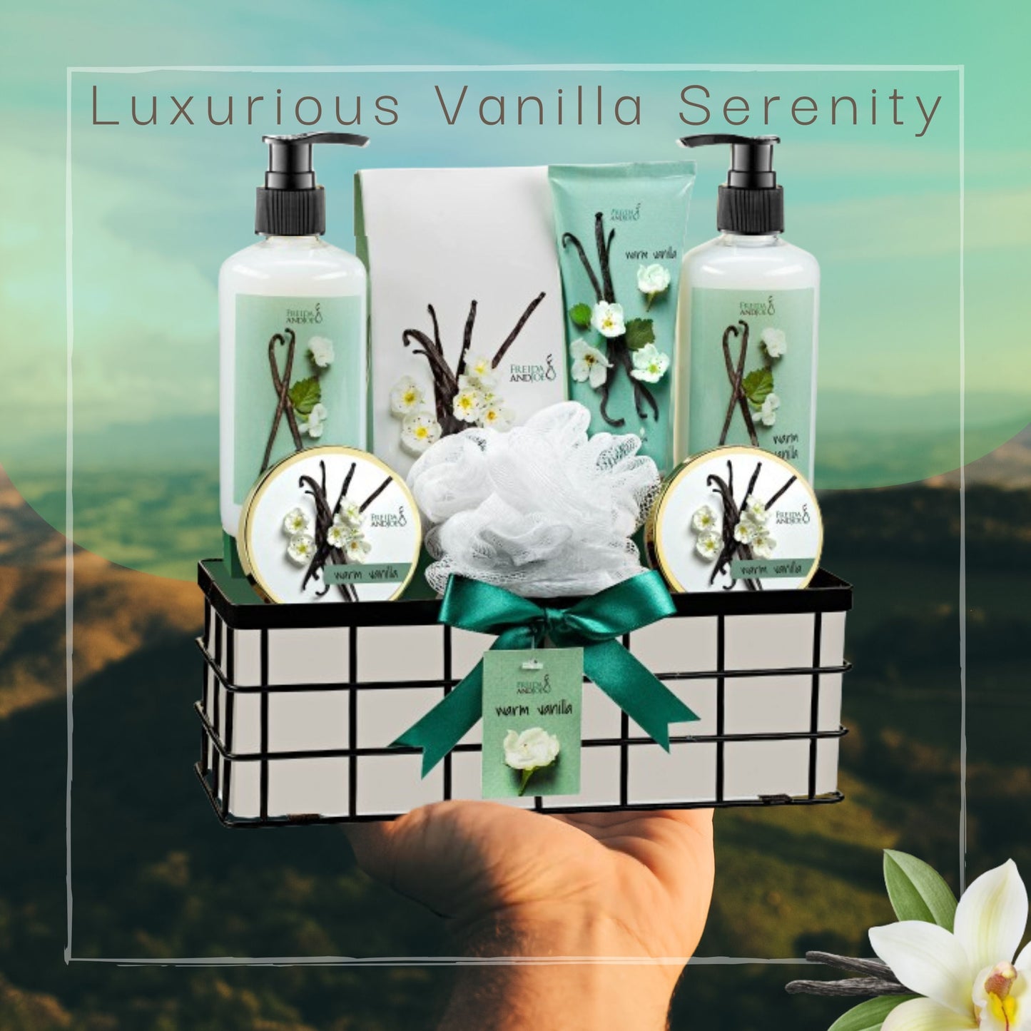 Warm Vanilla Bath and Body Gift Basket for Women & Men 8-Piece Spa Luxurious Bath Set Shea Butter, Vitamin E Fragrant Ultra Soft Lotion Hand Cream Scrubs & More Reusable Basket Perfect Holiday Gift